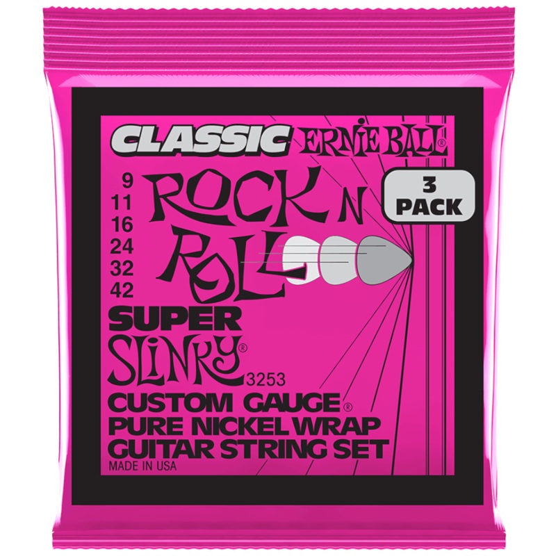 Ernie Ball Super Slinky Classic Rock n Roll Pure Nickle Wrap Electric Guitar Strings - (9-42) - 3-Pack